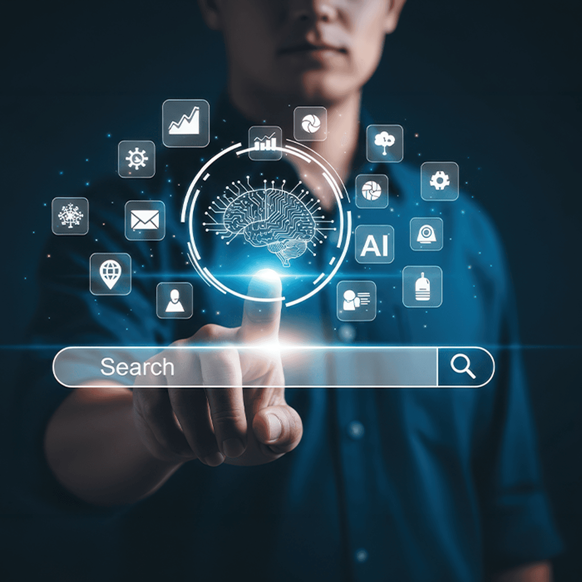 Person tapping an AI search bar surrounded by digital icons