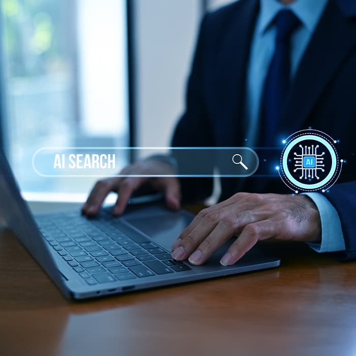 Person using AI search on a laptop